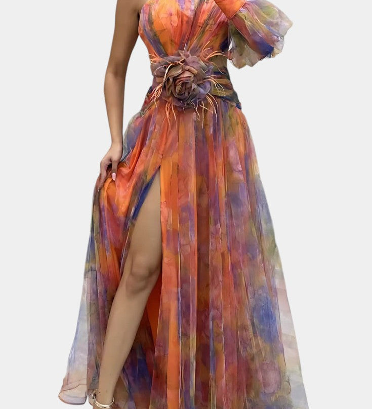 Теодора Асиметрична Макси Рокля с Едно Рамо и Артистичен Узор