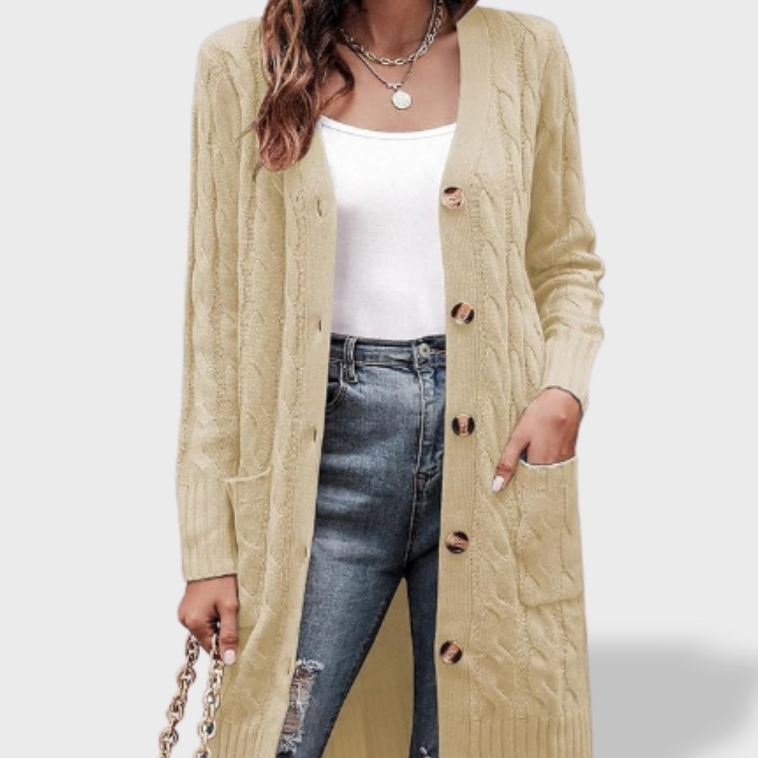 Клара™ | Дълъг плетен кардиган за жени с копчета и джобове