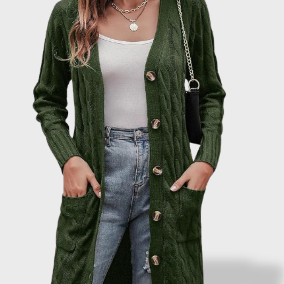 Клара™ | Дълъг плетен кардиган за жени с копчета и джобове