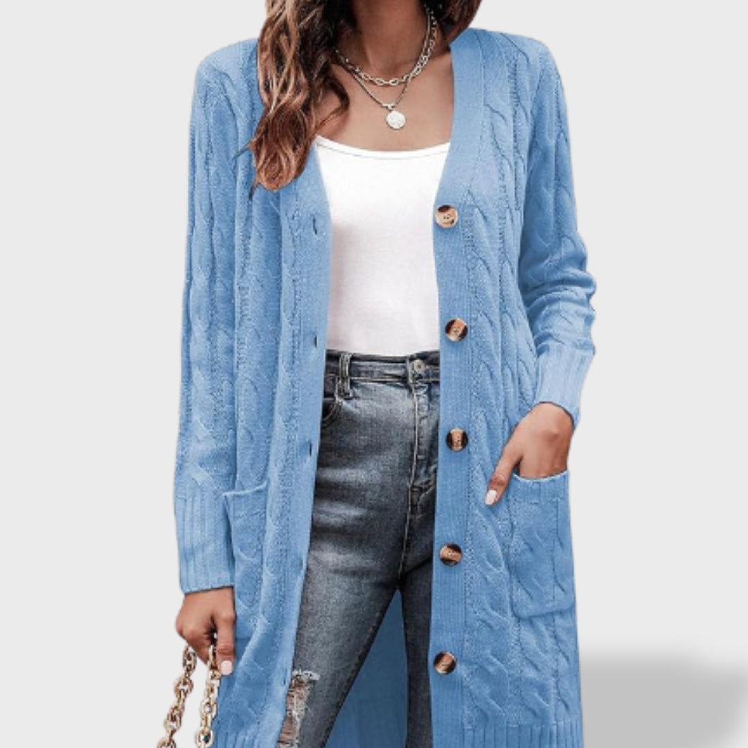 Клара™ | Дълъг плетен кардиган за жени с копчета и джобове