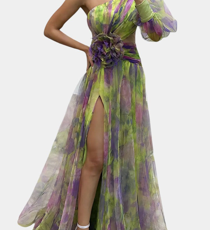 Теодора Асиметрична Макси Рокля с Едно Рамо и Артистичен Узор