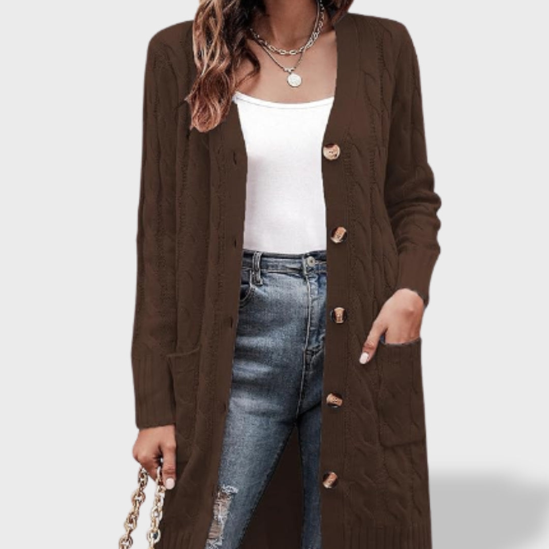 Клара™ | Дълъг плетен кардиган за жени с копчета и джобове