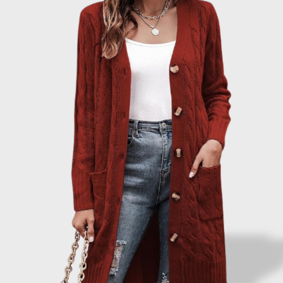 Клара™ | Дълъг плетен кардиган за жени с копчета и джобове