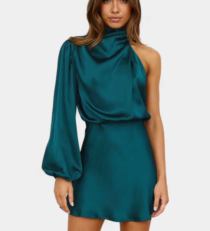 Мини рокля Джелена с драпиране на едно рамо