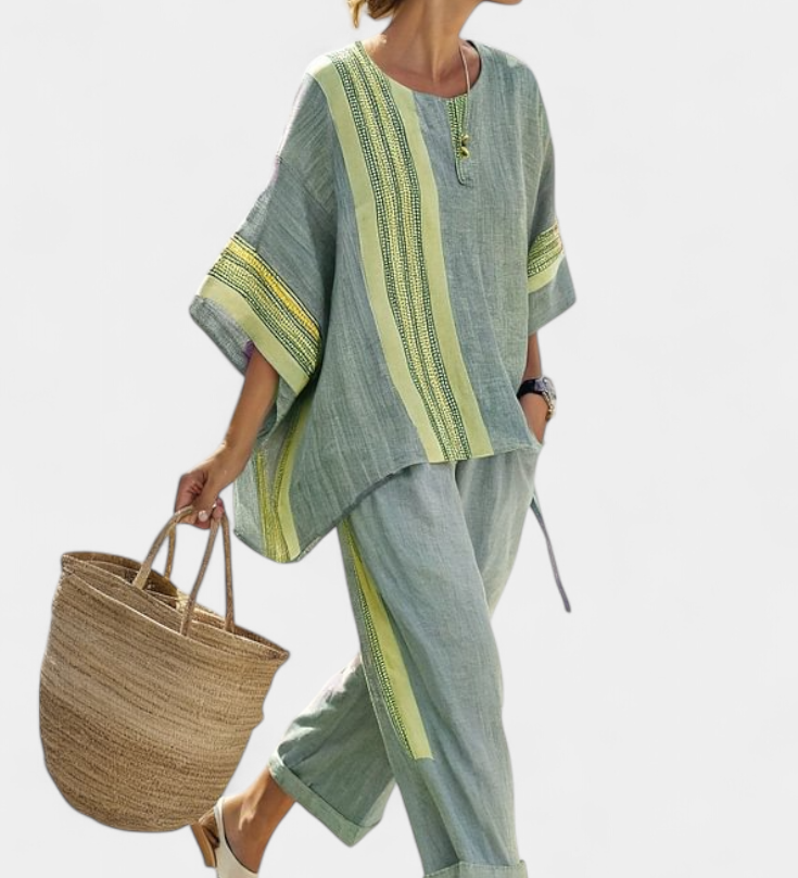 Комплект от ленен бамбук с очарователна лавандула и детайли в жълти ивици