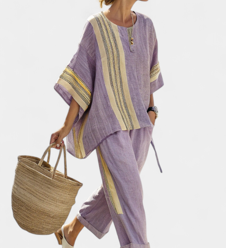 Комплект от ленен бамбук с очарователна лавандула и детайли в жълти ивици