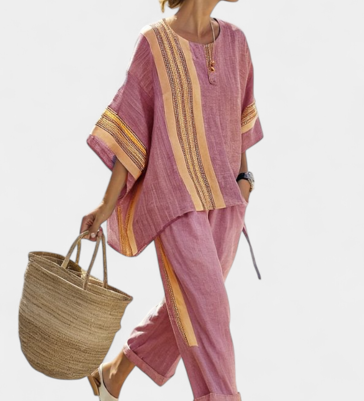 Комплект от ленен бамбук с очарователна лавандула и детайли в жълти ивици