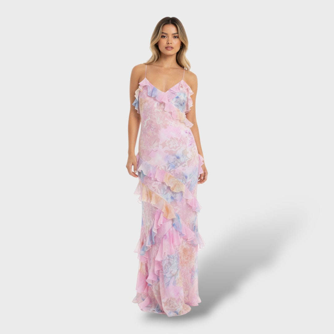 Дълга рокля с волани и открит гръб