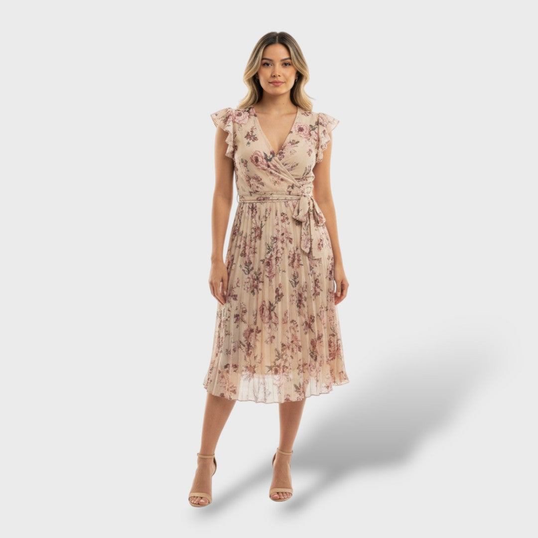 Миди цветна рокля с връзка на талията