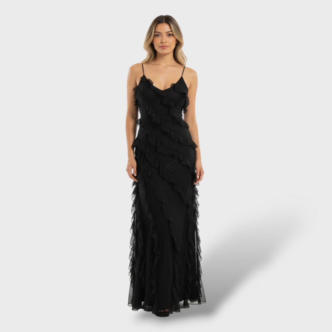 Дълга рокля от шифон с волани и открит гръб