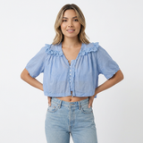 Blouse en Coton à Col Ruffle en Dentelle Découpée