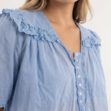 Blouse en Coton à Col Ruffle en Dentelle Découpée