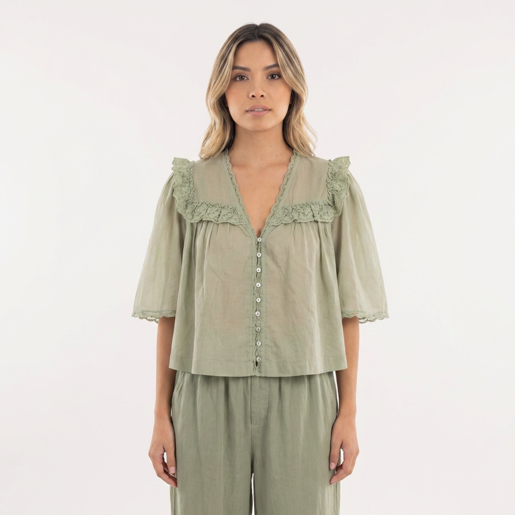 Blouse en Coton à Col Ruffle en Dentelle Découpée