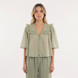 Blouse en Coton à Col Ruffle en Dentelle Découpée