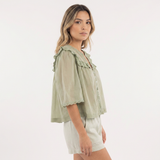 Blouse en Coton à Col Ruffle en Dentelle Découpée