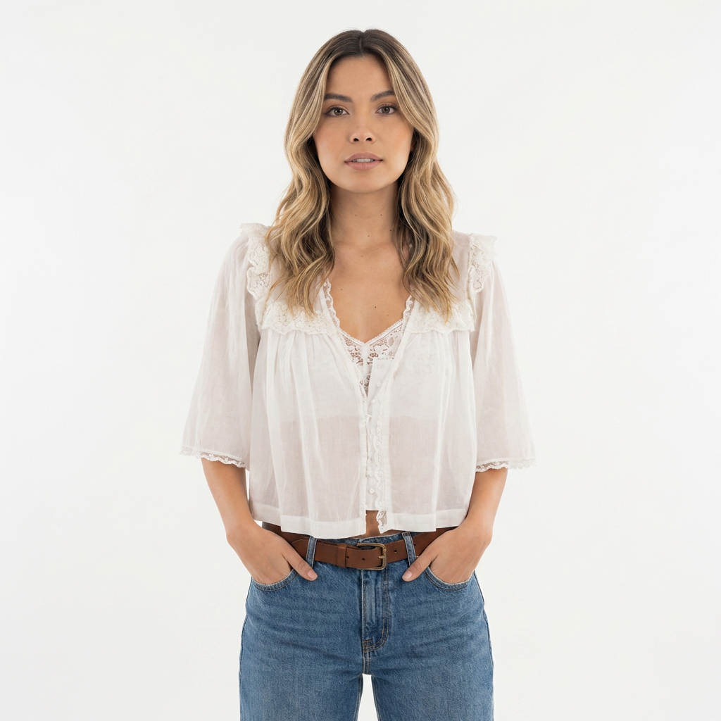 Blouse en Coton à Col Ruffle en Dentelle Découpée