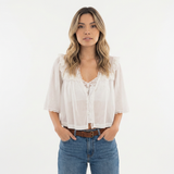 Blouse en Coton à Col Ruffle en Dentelle Découpée