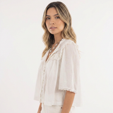Blouse en Coton à Col Ruffle en Dentelle Découpée