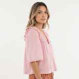 Blouse en Coton à Col Ruffle en Dentelle Découpée