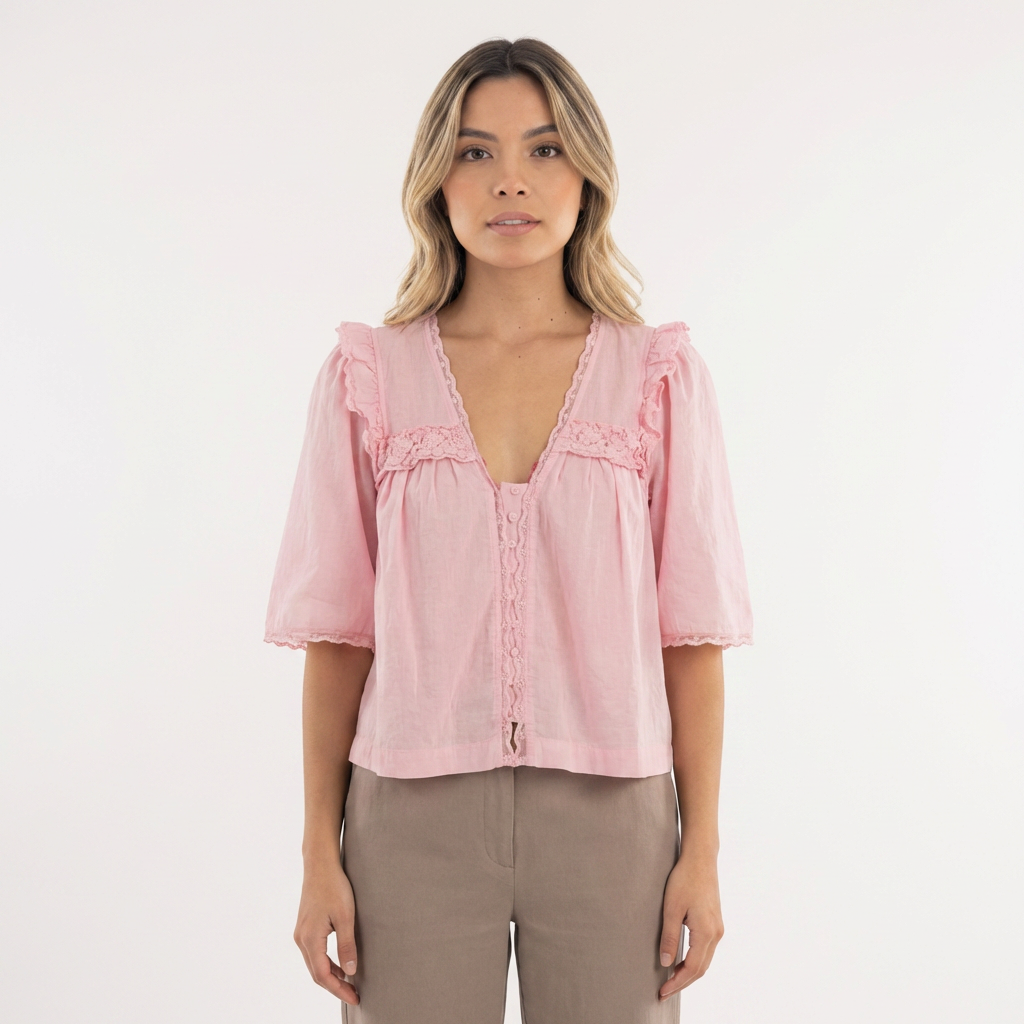 Blouse en Coton à Col Ruffle en Dentelle Découpée