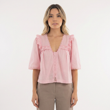 Blouse en Coton à Col Ruffle en Dentelle Découpée