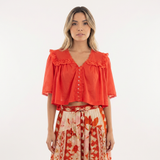 Blouse en Coton à Col Ruffle en Dentelle Découpée