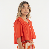 Blouse en Coton à Col Ruffle en Dentelle Découpée