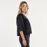 Blouse en Coton à Col Ruffle en Dentelle Découpée