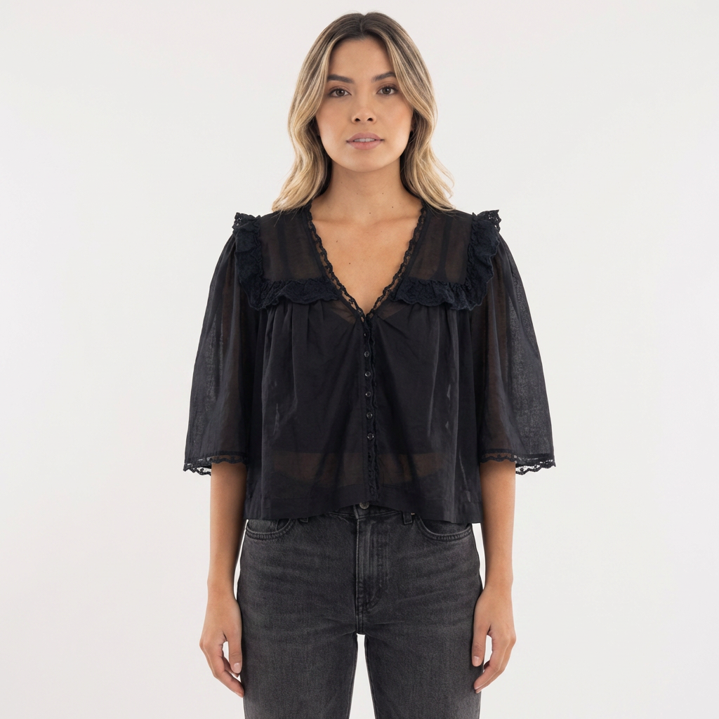 Blouse en Coton à Col Ruffle en Dentelle Découpée