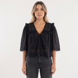 Blouse en Coton à Col Ruffle en Dentelle Découpée