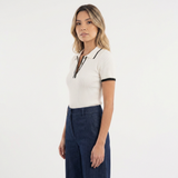Polo en Coton Rayé avec Détails Contrastés