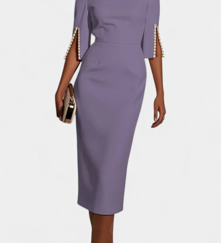 Весна Миди Рокля с Перлени Детайли и Кръгло Деколте