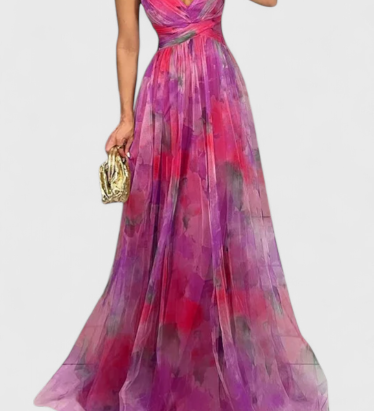 Макси рокля Магдалена с цветен десен и V-образно деколте