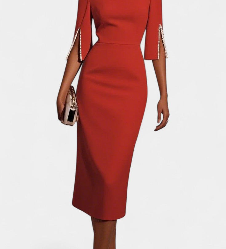 Весна Миди Рокля с Перлени Детайли и Кръгло Деколте