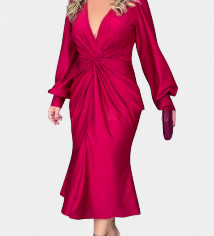 Лена Дълга Рокля с Дълги Ръкави и V-образно Деколте