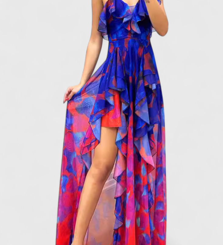 Зринка Макси Рокля без Ръкави с Волани и Градиентно Отворена