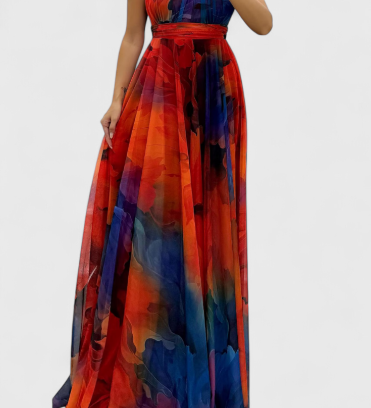 Антония Макси Рокля от Шифон с Цветен Узор и Халтер Яка