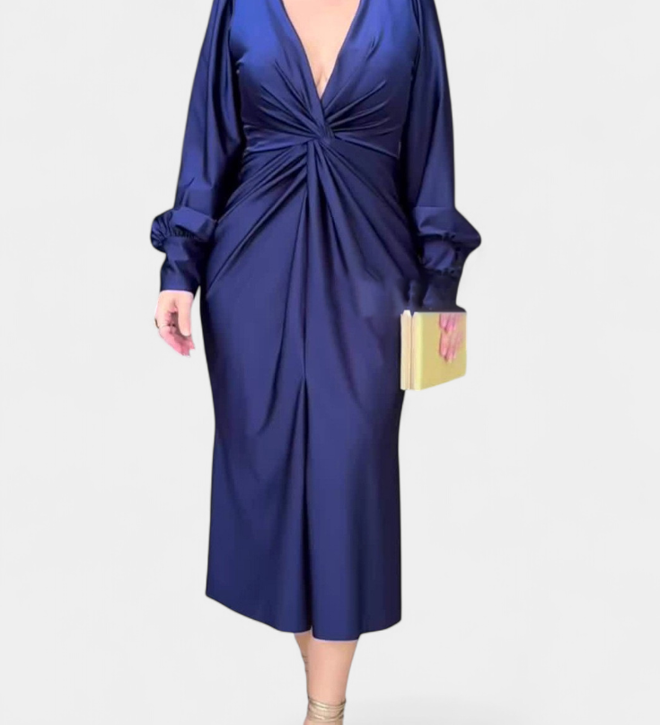 Лена Дълга Рокля с Дълги Ръкави и V-образно Деколте