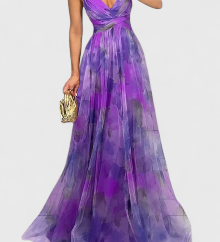 Макси рокля Магдалена с цветен десен и V-образно деколте