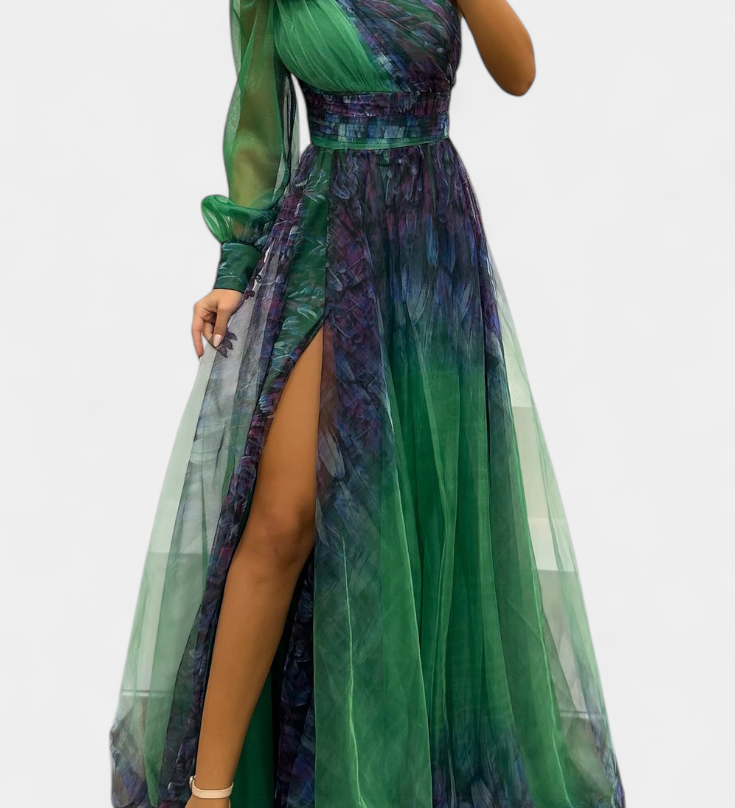 Наталия Макси Рокля от Шифон с Открито Рамо и Обемен Цвете