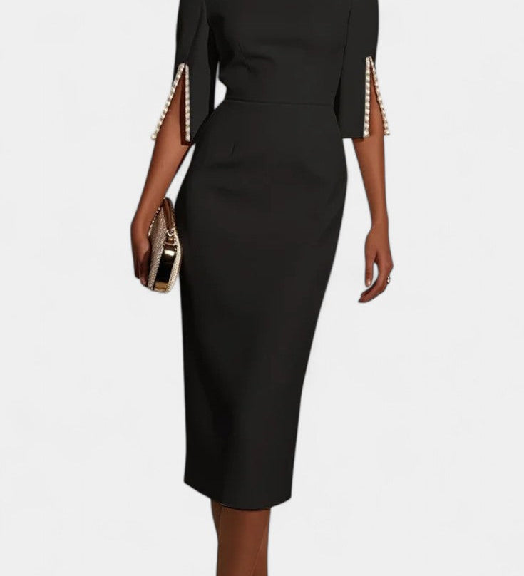 Весна Миди Рокля с Перлени Детайли и Кръгло Деколте