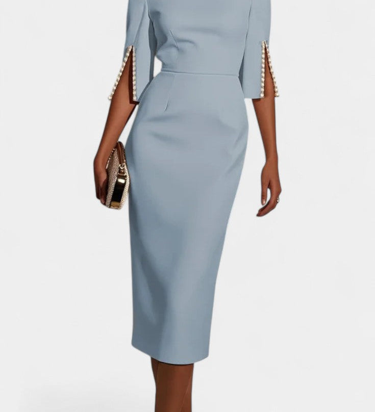 Весна Миди Рокля с Перлени Детайли и Кръгло Деколте