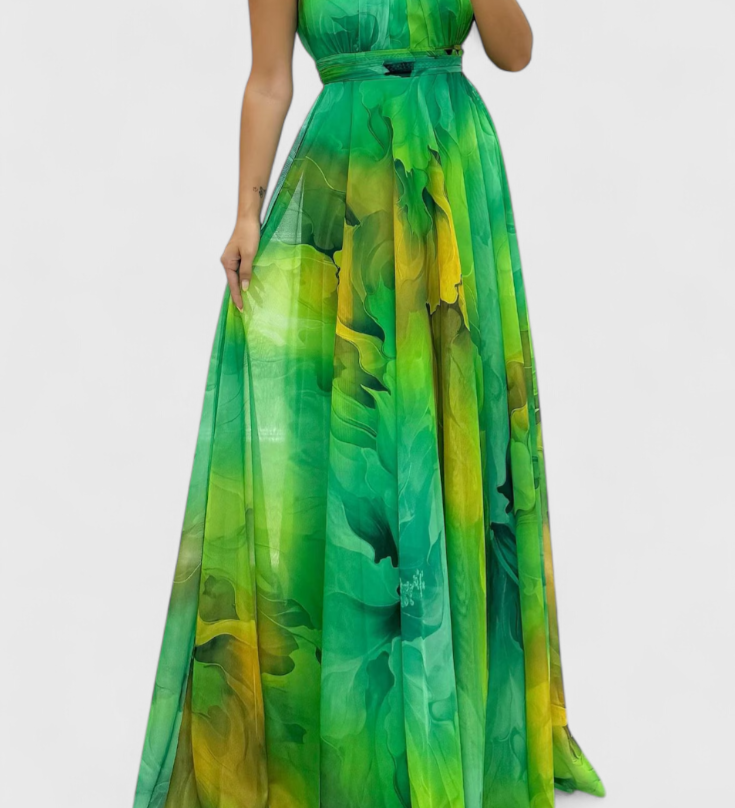 Антония Макси Рокля от Шифон с Цветен Узор и Халтер Яка