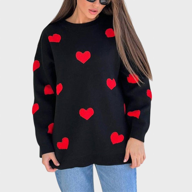 Hristina™ - Плетен пуловер с бродирани сърца